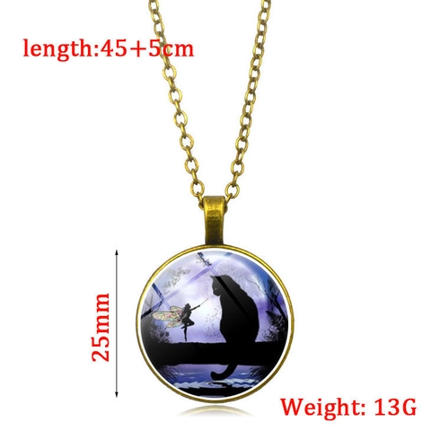 Collar de Pendentivo Gema del Tiempo Gato Negro y Hada Luna Vintage Aleación Cabujón de Vidrio Redondo Joyería de Fantasía Unisex