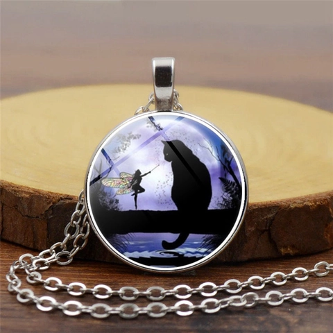 Collar de Pendentivo Gema del Tiempo Gato Negro y Hada Luna Vintage Aleación Cabujón de Vidrio Redondo Joyería de Fantasía Unisex