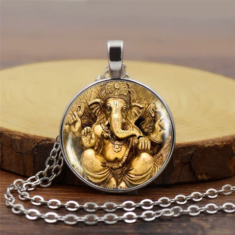 Collier Pendentif Religieux Ganesha en Alliage et Verre Vintage Style Indien Ethnique Chaîne de Pull Bijoux Unisexe