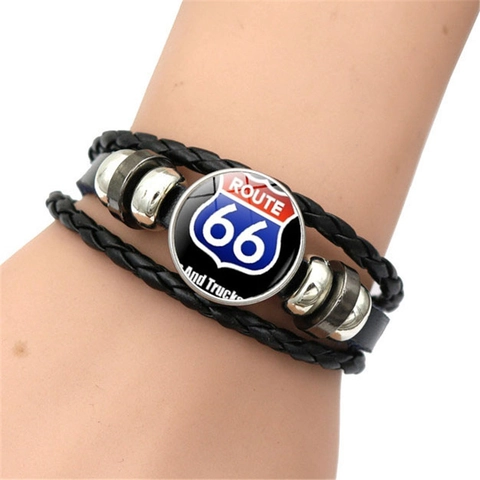 Retro Route 66 Braided Artificial Leather Multi-layer Bracelet Men Alloy Glass Cabochon Hand-woven Punk Biker Jewelry