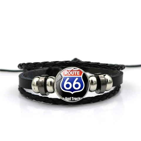 Retro Route 66 Braided Artificial Leather Multi-layer Bracelet Men Alloy Glass Cabochon Hand-woven Punk Biker Jewelry