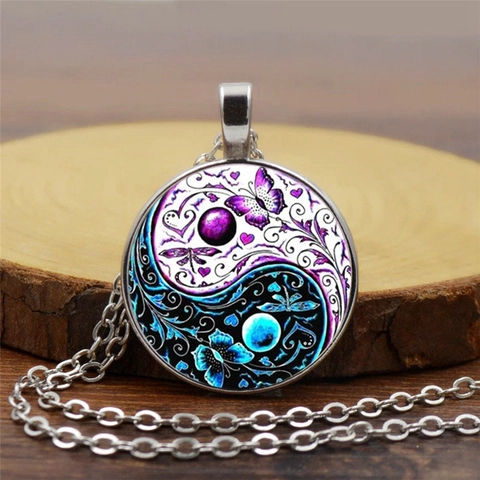 Collana con Pendente in Pietra Preziosa di Vetro Farfalla Yin Yang Tai Chi Vintage Catena in Lega Gioielli per Donna