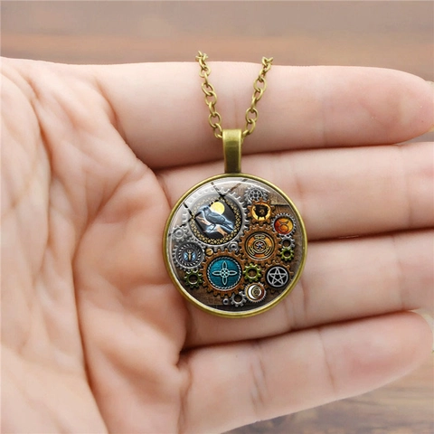 Collier Pendentif Steampunk Mécanique Engrenage Corbeau Lune Gemme de Temps Alliage Verre Bijoux Chaîne de Pull Vintage Unisexe