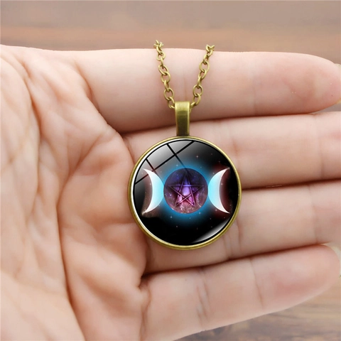Triple Moon Goddess Pentagram Pendant Necklace For Women Vintage Gothic Occult Mystical Glass Time Gemstone Jewelry Gift