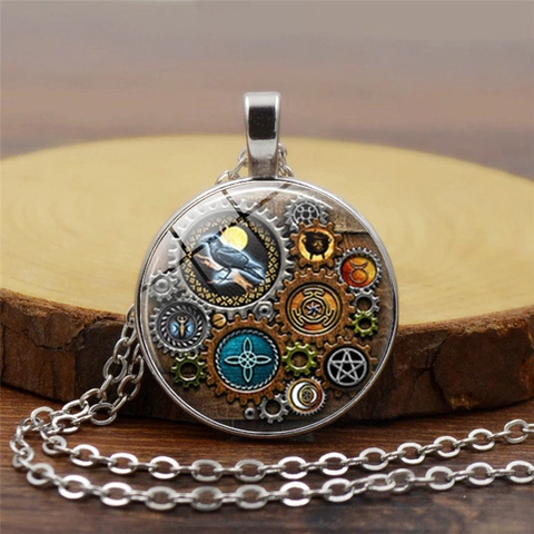 Collier Pendentif Steampunk Mécanique Engrenage Corbeau Lune Gemme de Temps Alliage Verre Bijoux Chaîne de Pull Vintage Unisexe