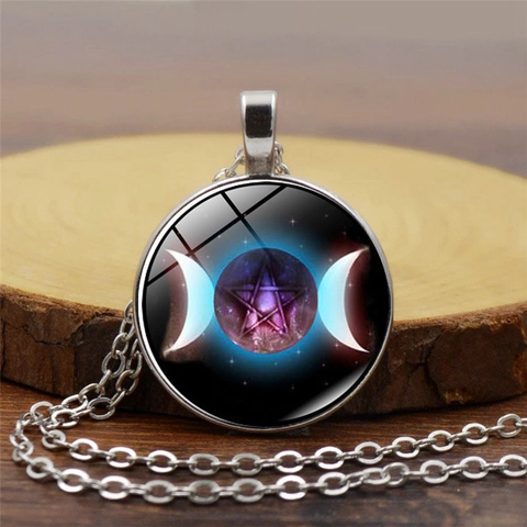 Triple Moon Goddess Pentagram Pendant Necklace For Women Vintage Gothic Occult Mystical Glass Time Gemstone Jewelry Gift