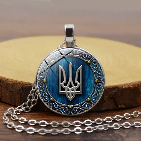 Collana con Pendente a Tridente Ucraina in Lega di Vetro Vintage Retro Tryzub Emblema Nazionale Gemma del Tempo per Uomo Donna