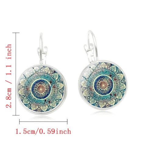 Mandala Pattern Glass Cabochon Leverback Drop Earrings Vintage Bohemian Alloy Jewelry Women Accessory Silver Bronze Tone