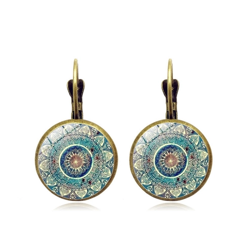 Mandala Pattern Glass Cabochon Leverback Drop Earrings Vintage Bohemian Alloy Jewelry Women Accessory Silver Bronze Tone