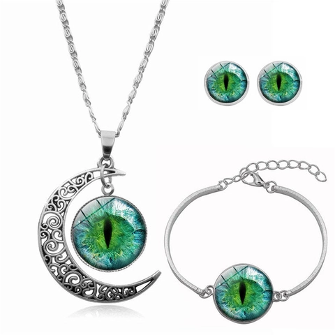 Alloy Crescent Moon Necklace Bracelet Stud Earrings Glass Gem Vintage Gothic Mystery Eye Jewelry For Women Fashion Accessory