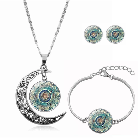 Set di Gioielli in Lega Boemia Mandala in Vetro Collana con Luna Braccialetto e Orecchini a Lobo per Donna Accessorio Stile Etnico