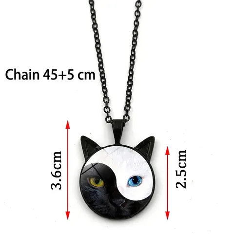 Vintage Yin Yang Cat Ear Pendant Necklace For Women Alloy Glass Cat Eye Time Gem Fashion Jewelry Bronze Silver Black