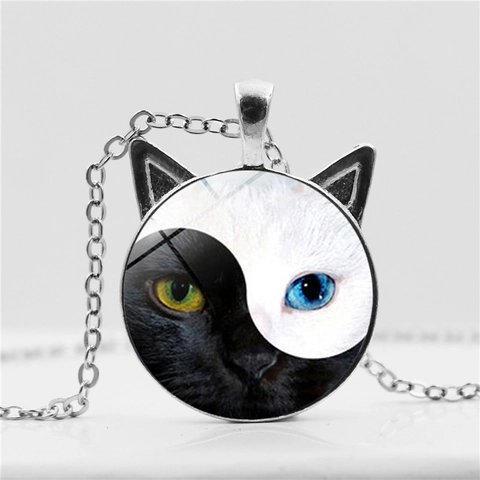 Vintage Yin Yang Cat Ear Pendant Necklace For Women Alloy Glass Cat Eye Time Gem Fashion Jewelry Bronze Silver Black