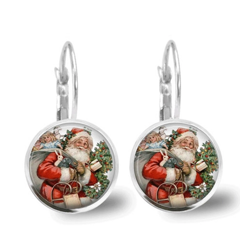 Vintage Kerst Kerstman Glazen Cabochon Hanger Oorbellen Voor Vrouwen Retro Legering Vergulde Haak Oorbellen Feestelijke Sieraden