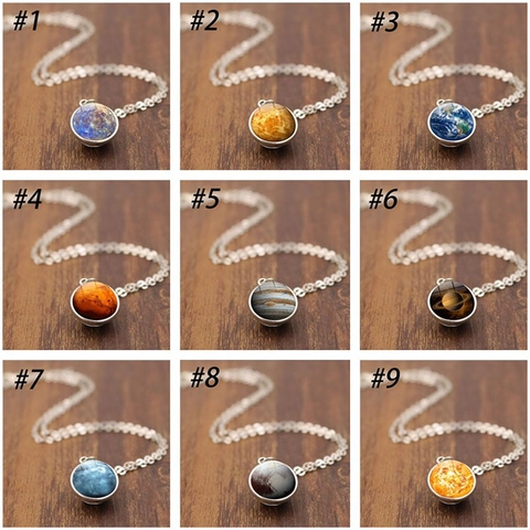 Galaxy Planet Double Sided Glass Ball Pendant Necklace Alloy Solar System Universe Starry Sky Jewelry Sweater Chain For Unisex