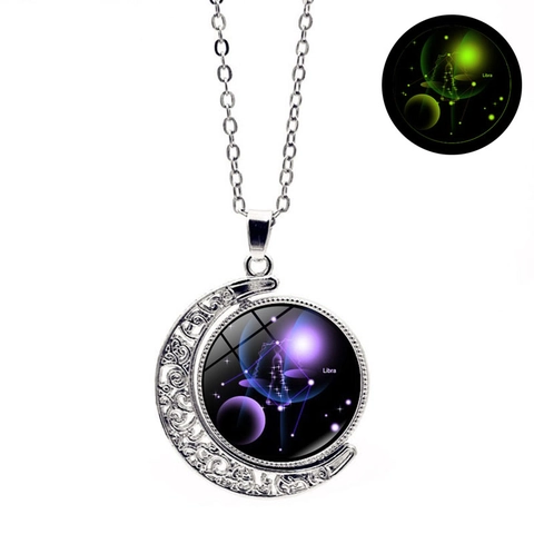 Vintage Luminoso Doce Constelaciones del Zodiaco Luna Colgante Collar Hueco Doble Cara Giratoria Galaxia Vidrio Collar Joyería