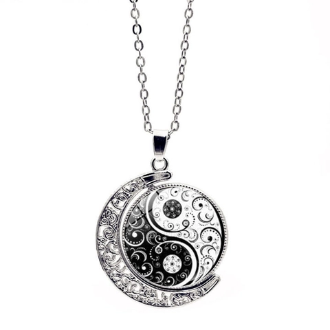Collana con Pendente a Mezzaluna Rotante in Lega di Cristallo Artificiale Vintage Yin Yang Tai Chi Gioielli Etnici