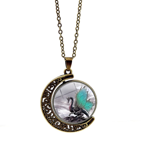 Collier Pendentif Croissant de Lune Dragon Rotatif Steampunk Vintage Alliage Verre Bijoux Wyvern Double Face pour Femmes Accessoires