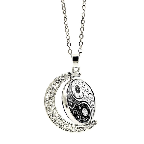 Collana con Pendente a Mezzaluna Rotante in Lega di Cristallo Artificiale Vintage Yin Yang Tai Chi Gioielli Etnici