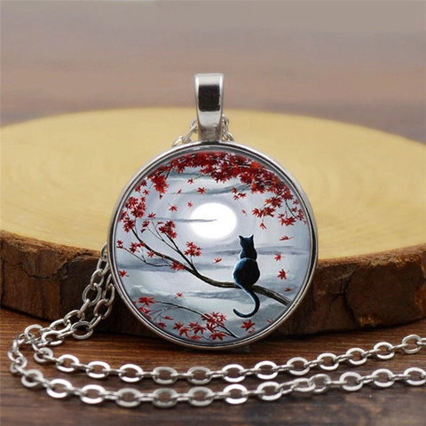 Collana con Ciondolo a Forma di Gatto Nero al Chiaro di Luna in Vetro Lega di Zinco Acero Rosso Catena Artistica Unisex