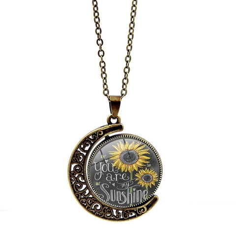 Collana Vintage a Mezzaluna Con Girasole in Lega Vetro Incisione You Are My Sunshine Catenina Girocollo Gioielli Regalo