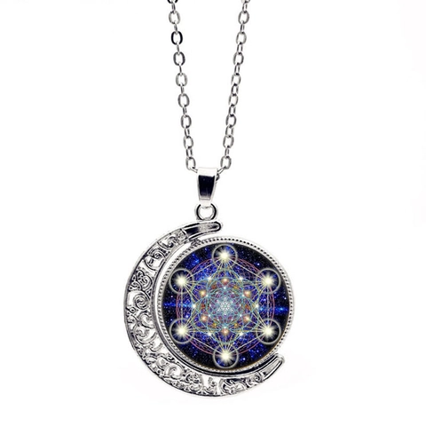 Collana con Pendente a Luna in Lega di Vetro Vintage Mistica Geometria Sacra Mandala Catena Maglione Rotante a Doppia Faccia