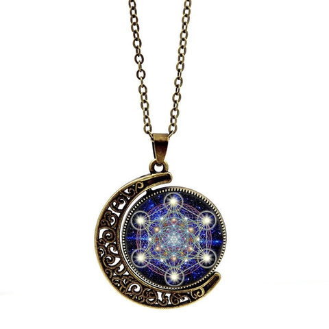 Collana con Pendente a Luna in Lega di Vetro Vintage Mistica Geometria Sacra Mandala Catena Maglione Rotante a Doppia Faccia