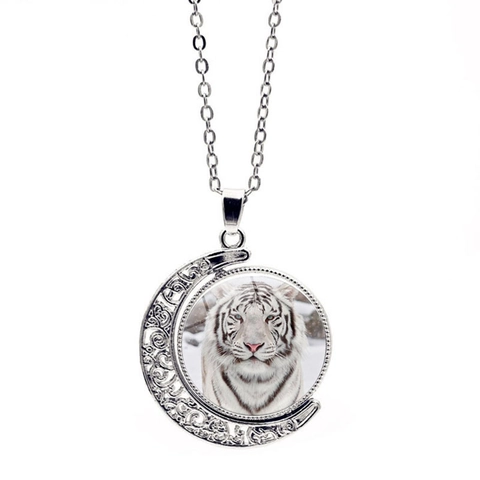 Collar de Colgante de Luna Giratoria de Vidrio de Tigre Blanco Vintage Joyas de Animales Retro de Aleación para Mujeres y Hombres