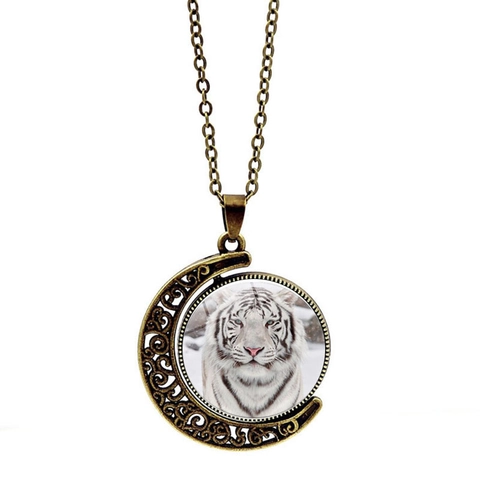Collar de Colgante de Luna Giratoria de Vidrio de Tigre Blanco Vintage Joyas de Animales Retro de Aleación para Mujeres y Hombres