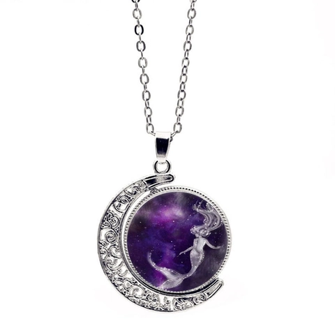 Meerjungfrau Mond Sternenhimmel Anhänger Halskette Doppelseitig Drehend Vintage Legierung Glas Pullover Kette Mode Schmuck Für Damen Geschenk