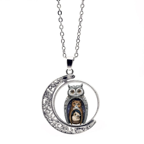 Vintage Eule Mond Anhänger Halskette Doppelseitig Drehend Zeitstein Legierung Glas Kette Halskette Für Damen Schmuck Geschenk