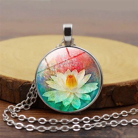 Collana Vintage in Lega Rotonda Con Cabochon in Vetro Pendente Con Motivo Mandala Loto Catena Lunga per Maglione Gioielli Artistici da Donna