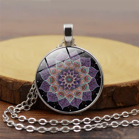 Collar de Colgante de Cabujón de Vidrio Flor de Mandala Yoga Cadena de Aleación Vintage Joyería de Meditación Unisex
