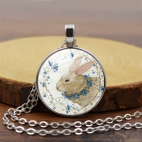 Vintage Ostern Hase Zeit Juwel Anhänger Halskette Legierung Glas Kuppel Retro Kaninchen Blumen Choker Für Damen Herren Ostern Schmuck