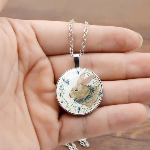 Vintage Ostern Hase Zeit Juwel Anhänger Halskette Legierung Glas Kuppel Retro Kaninchen Blumen Choker Für Damen Herren Ostern Schmuck