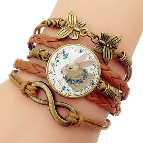 Vintage Multi-layer Braided Bracelet Alloy Glass Rabbit Butterfly Infinity Symbol Easter Jewelry For Women Gift