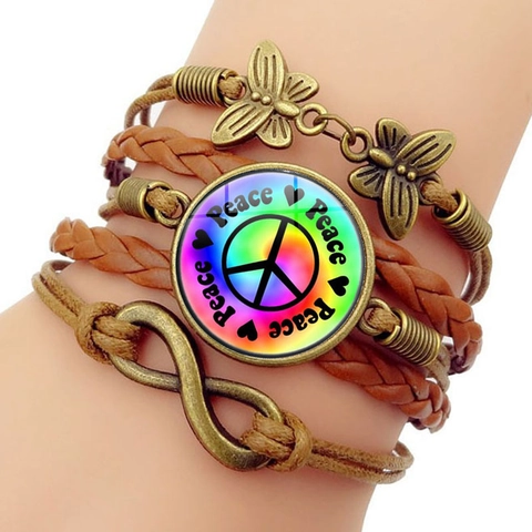 Vintage Colorful Peace Sign Butterfly Infinity Multi-Layer Woven Bracelet For Women Alloy Glass Rainbow Jewelry Hand Accessory