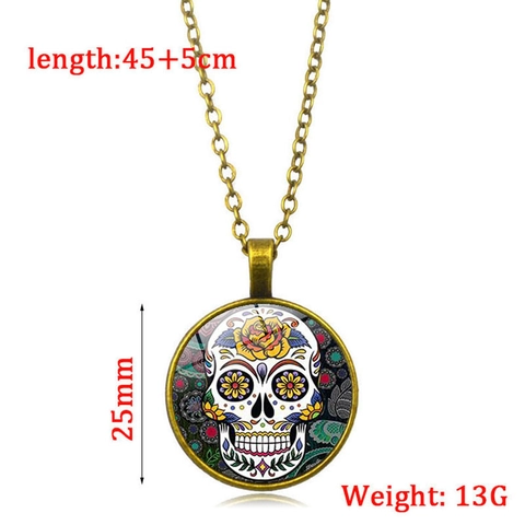 Collar con Colgante de Calavera de Azúcar Mexicana Vintage Aleación Vidrio Día de los Muertos Halloween Joyería Estilo Étnico para Hombres Mujeres