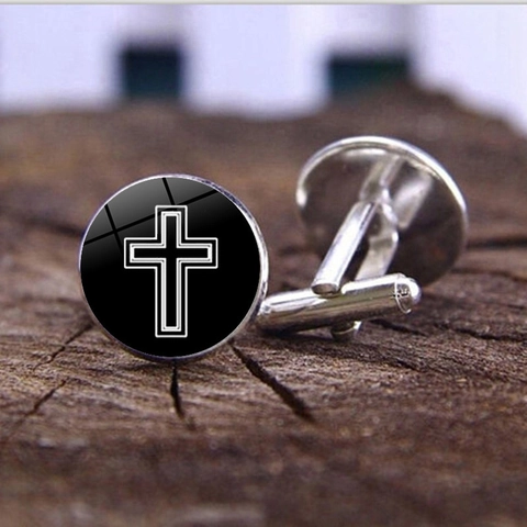 Gemelos de Aleación de Vidrio Cabujón Con Cruz Vintage para Hombre Patrón Religioso Clásico Gemelos Redondos Accesorios de Camisa Business
