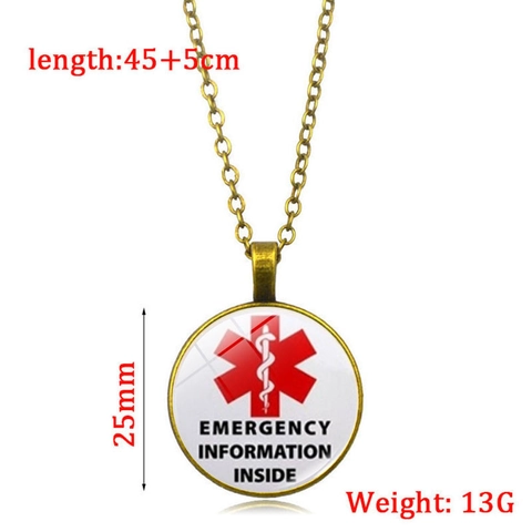 Collana in Lega di Bronzo Antico e Vetro per Allerta Medica Diabete Diabetico Pendente di Avvertimento per Uomini e Donne