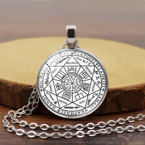 Vintage Seal Of Solomon Seven Archangels Pendant Necklace Alloy Glass Cabochon Occult Jewelry For Men Women Daily Wear
