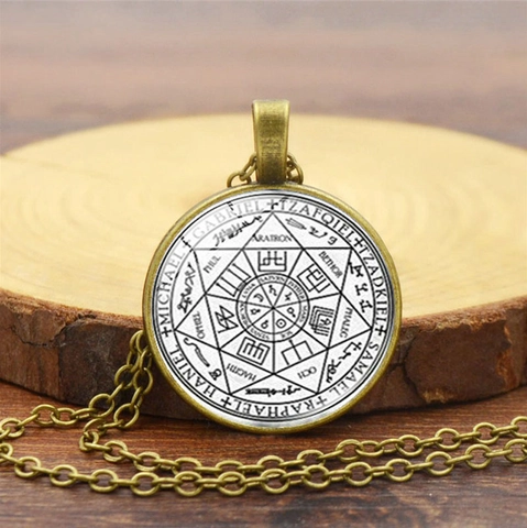 Vintage Seal Of Solomon Seven Archangels Pendant Necklace Alloy Glass Cabochon Occult Jewelry For Men Women Daily Wear
