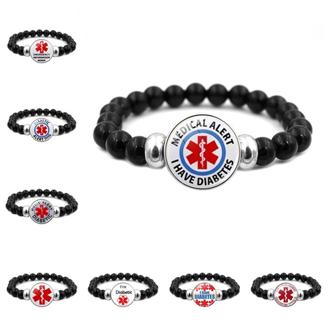 Medical Alert Diabetes Bracelet For Women Men Black Beads Glass Cabochon Emergency Information Elastic Wristband Jewelry