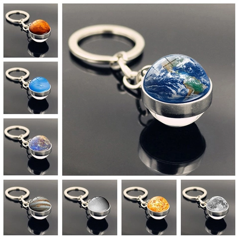 Solar System Planet Galaxy Keychain Zinc Alloy Glass Dome Pendant Key Ring For Earth Moon Sun Jupiter Mars Neptune Mercury Pluto Uranus Venus Space Theme Souvenir Gift
