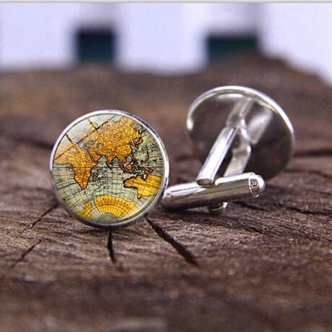 Vintage World Map Men Cufflinks Round Alloy Glass Dome French Shirt Cuff Links Retro Business Suit Accessory For Wedding Office