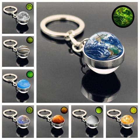Luminous Galaxy Solar System Planet Keychain Zinc Alloy Glass Ball Universe Pendant Glow In Dark Celestial Keychain For Keys