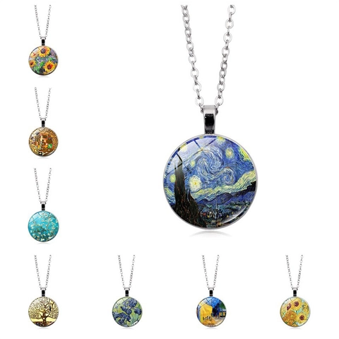 Vintage Künstlerische Ölgemälde Glas Cabochon Anhänger Halskette Van Gogh Sternennacht Sonnenblumen Legierung Silberkette Schmuck Geschenk