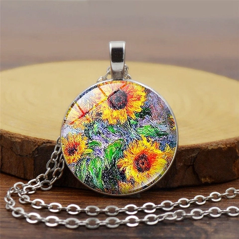 Vintage Künstlerische Ölgemälde Glas Cabochon Anhänger Halskette Van Gogh Sternennacht Sonnenblumen Legierung Silberkette Schmuck Geschenk