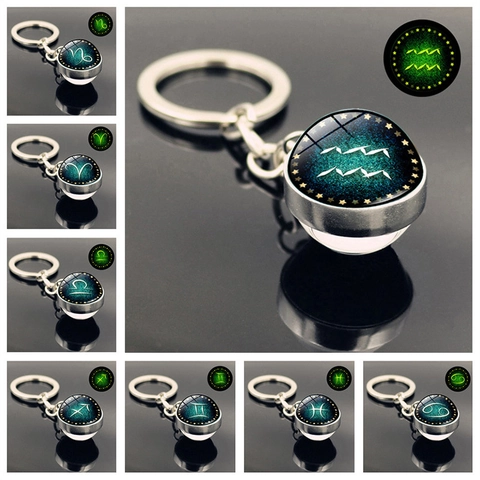 Portachiavi Zodiacale Luminoso Ciondolo a Sfera di Vetro Doppia Faccia Gemma del Tempo Cielo Stellato Portachiavi in Metallo Regalo Donna