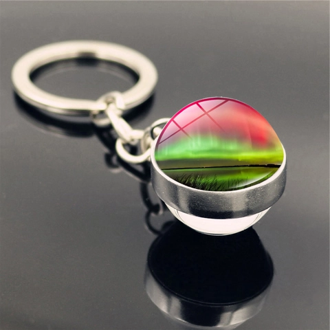 Porte-Clés Boule de Verre Aurore Boréale Paysage de Forêt Art Double Face Argent Alliage de Zinc Porte-Clés Bijoux Cadeau Femme Homme